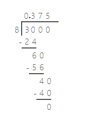Complete long division of 3 by 8