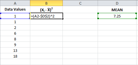 Calculating the square of deviations for the first value