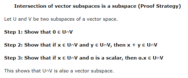 Intersection of vector subspaces is a subspace proof strategy