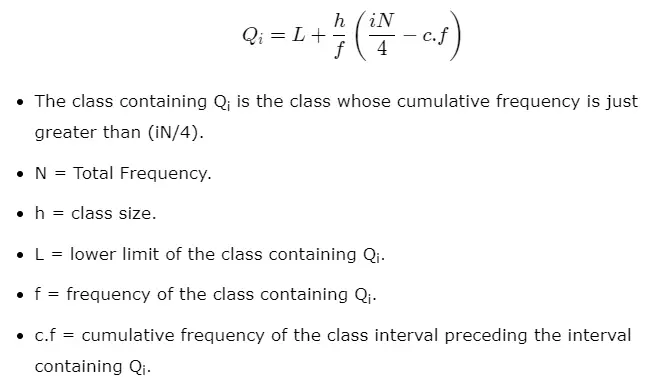 The quartiles for grouped data can be calculated using the formula, 